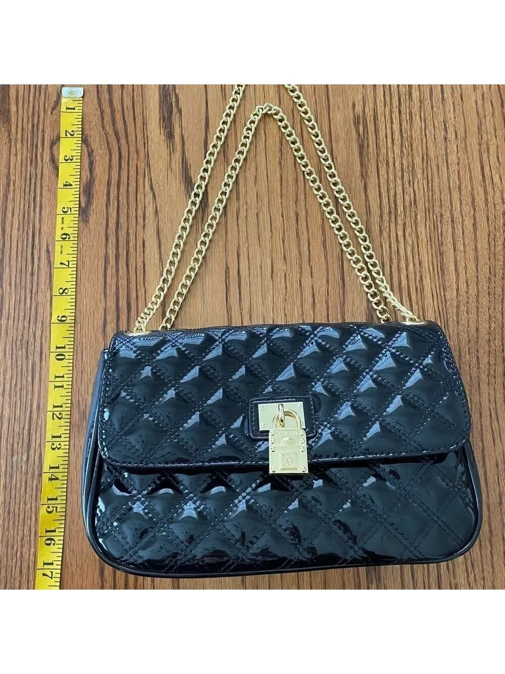 Anne Klein Black Quilted Patent Shoulder Bag Gold Tone Hardware